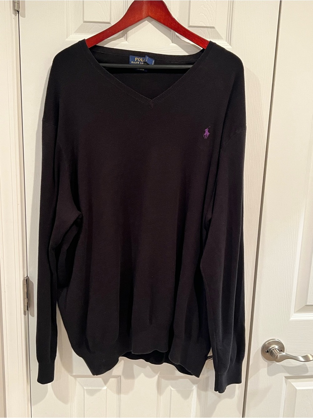 Polo by Ralph Lauren Black V-Neck Sweater with Purple Pony
